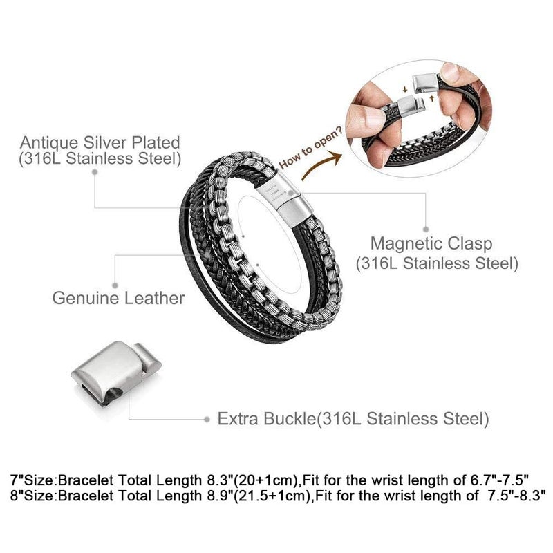 murtoo Mens Bracelet Leather and Steel, Stainless Steel Chain and Leather Bracelets for Men - Image 2